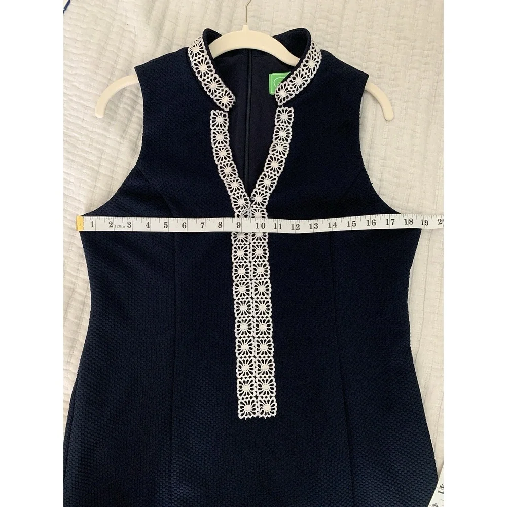 Pappagallo Sheath Dress Sz 10 Navy Blue White Lace Trim Sleeveless Career Preppy - Picture 7 of 10